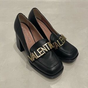 Valentino Black Leather Logo Block Heels Loafers Size Womens 6